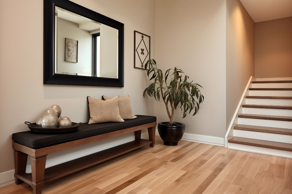 Modern living room interior with wood-look flooring style and minimalist home design