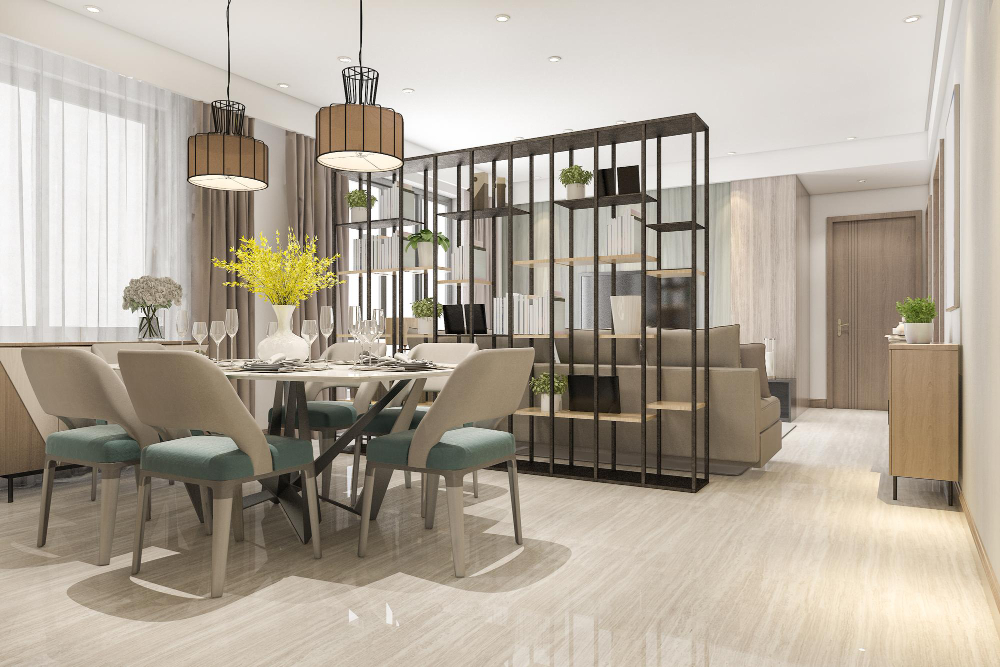 Modern apartment dining and living room with stylish vinyl flooring

