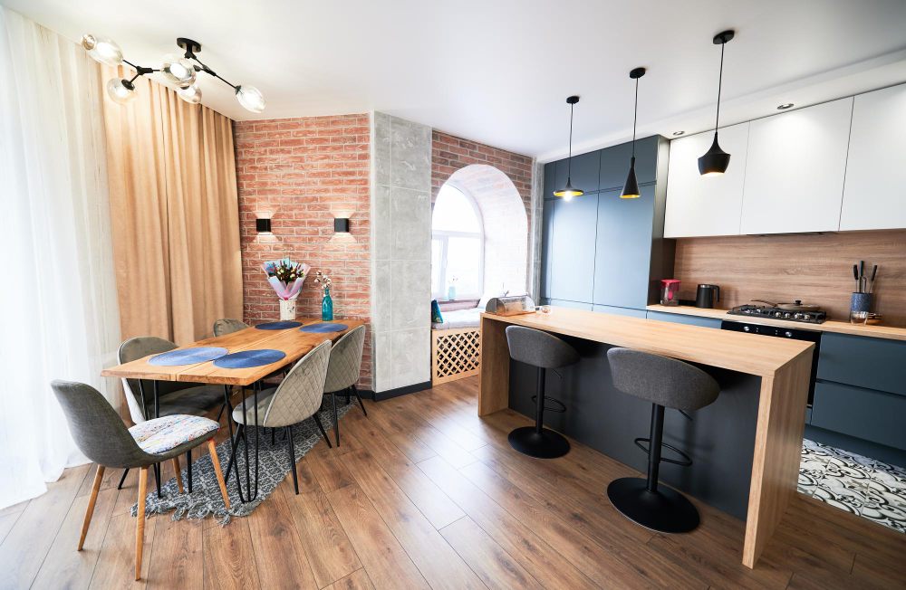 Modern kitchen interior that pairs well with high quality flooring for homes